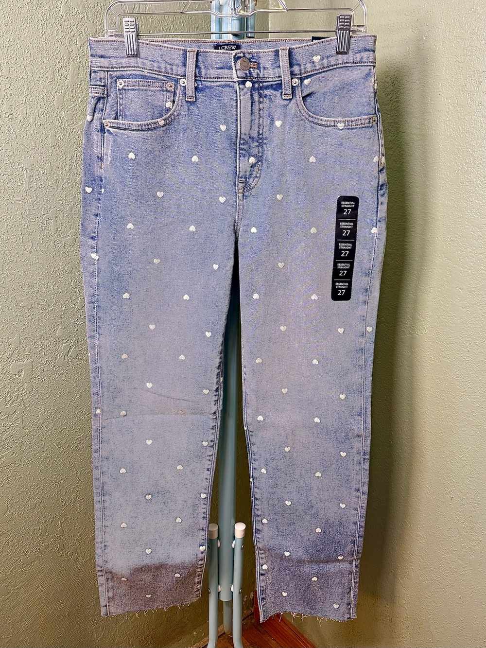 J. Crew “All Day Secret” Jeans with silver/white heart print on denim.